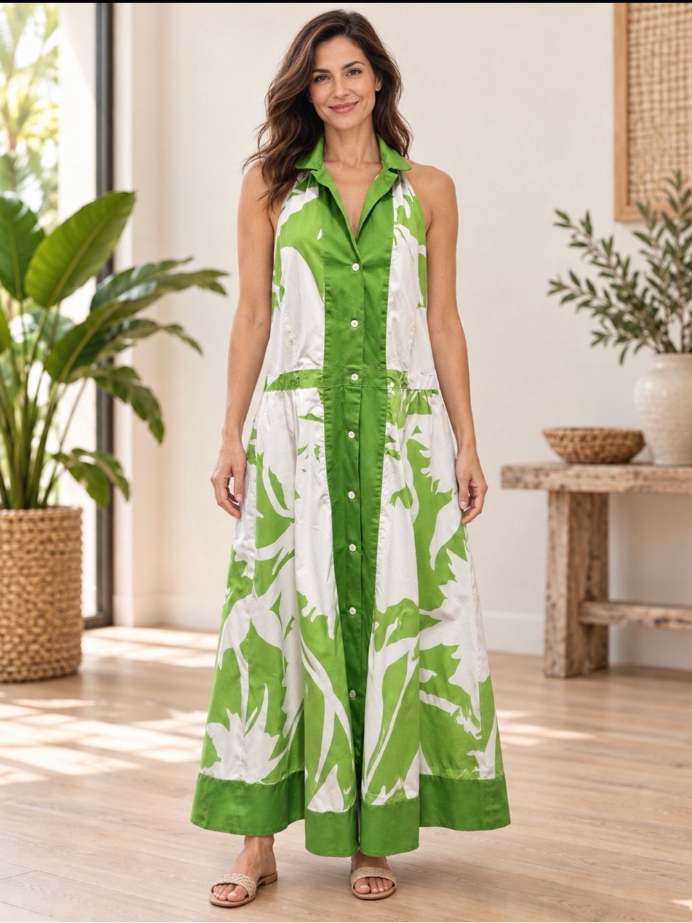 Yves Cossette Depeche Mode size 14 green/whte collard halter